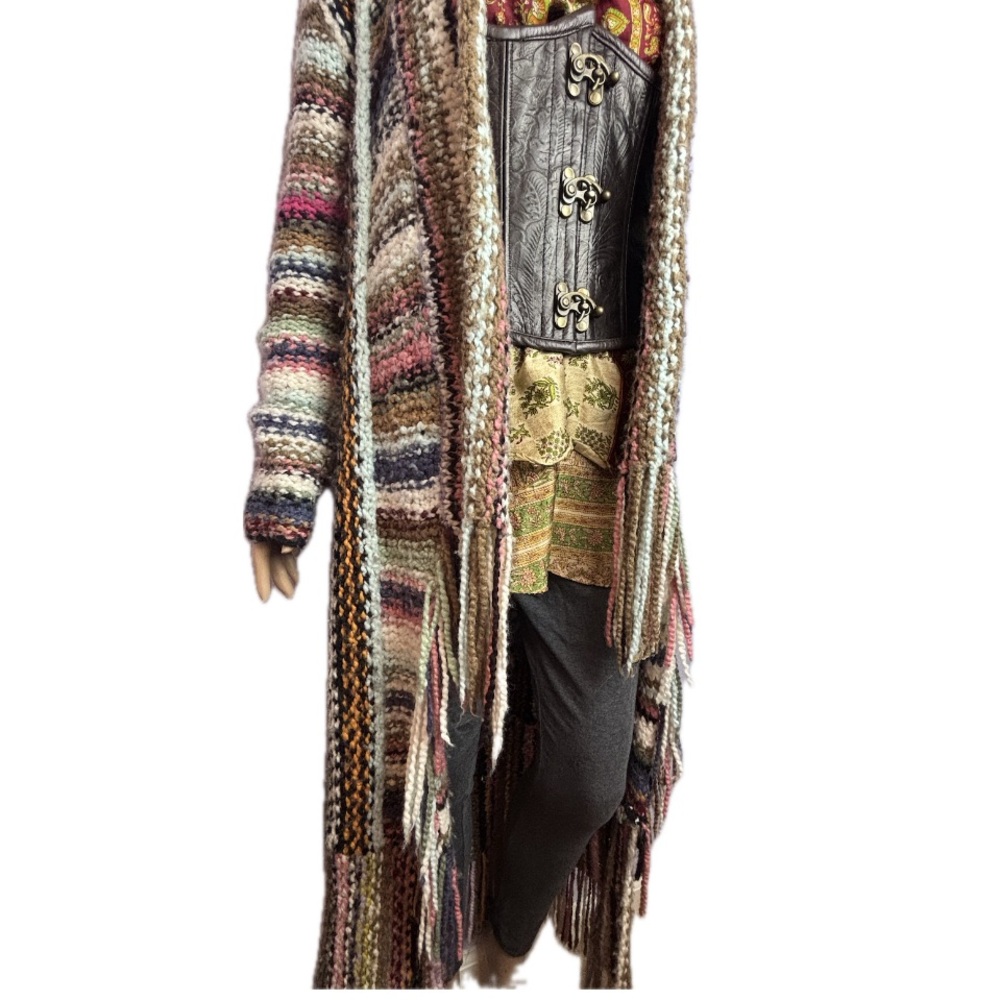 Free People T Party Cardigan Duster Multi Color Knit Fringe Coat of Many Colors - Picture 6 of 9